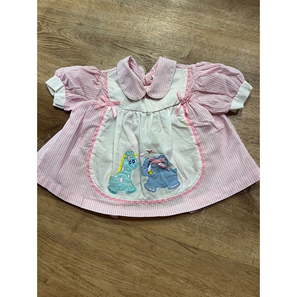 Vintage Baby Girl Pink Striped Dress Embroidered Giraffe Elephant 18 Months